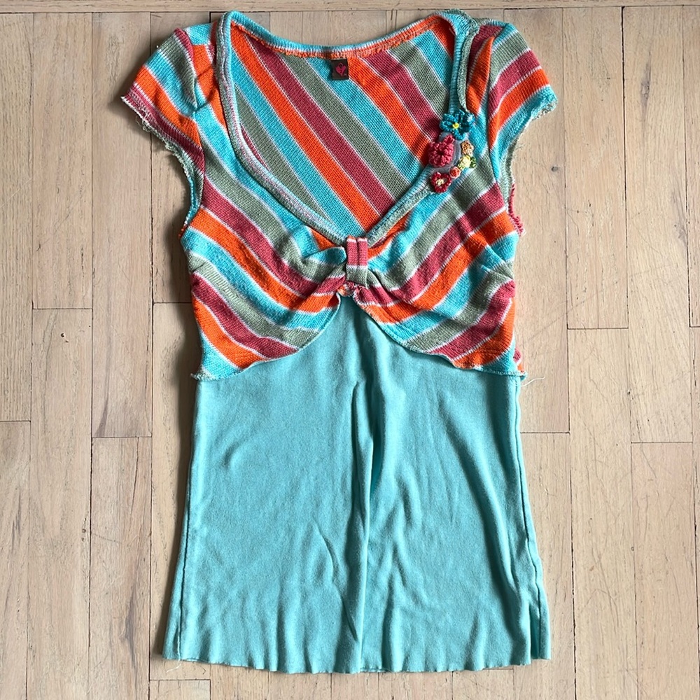 Anthropologie Turquoise, Orange & Coral Striped Knot-Front Top